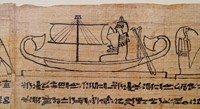 Foto av egyptisk tegning på papyrusrull fra ca 1450 f. Kr. av person i papyrusseilfarkost