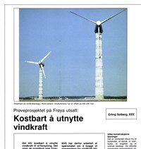 Faksimile av utsnitt av artikkel i fagblad som inneholder bilde av to vindturbiner i et flatt terreng. Artikkelen har overskrift 