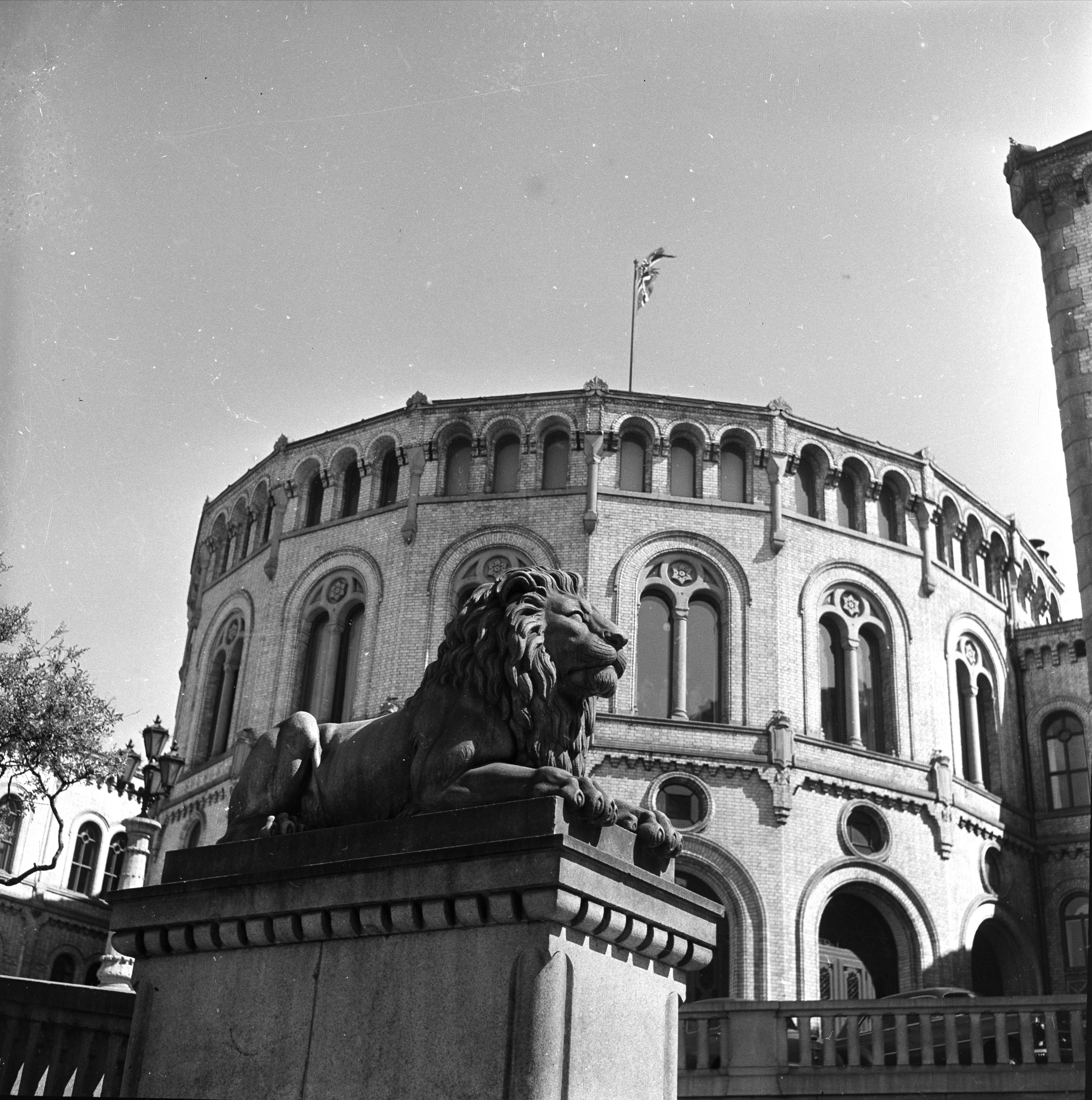 Utsnitt av Stortinget og den ene løven i svart-hvitt. 