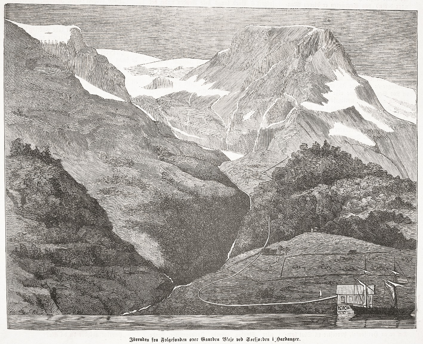 Teikning som viser Folgefonna og iseksport frå Bleie i Sørfjorden.