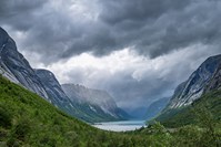 Fjord innrammet av dype fjell, skog og skyet himmel.