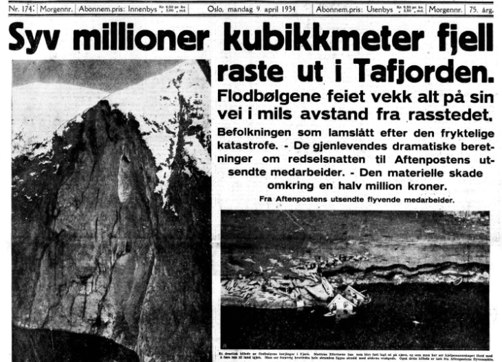 Avisartikkel som forteller om skredulykken i Tafjord