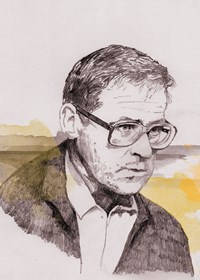 Illustrert portrett av mann med briller.