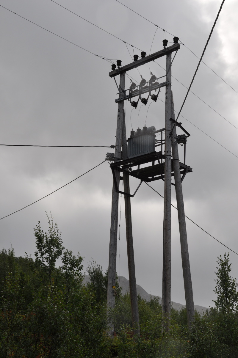 Kraftmast i tre med transformator