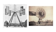 En tegning og et bilde av verdens to første strømproduserende vindturbiner  