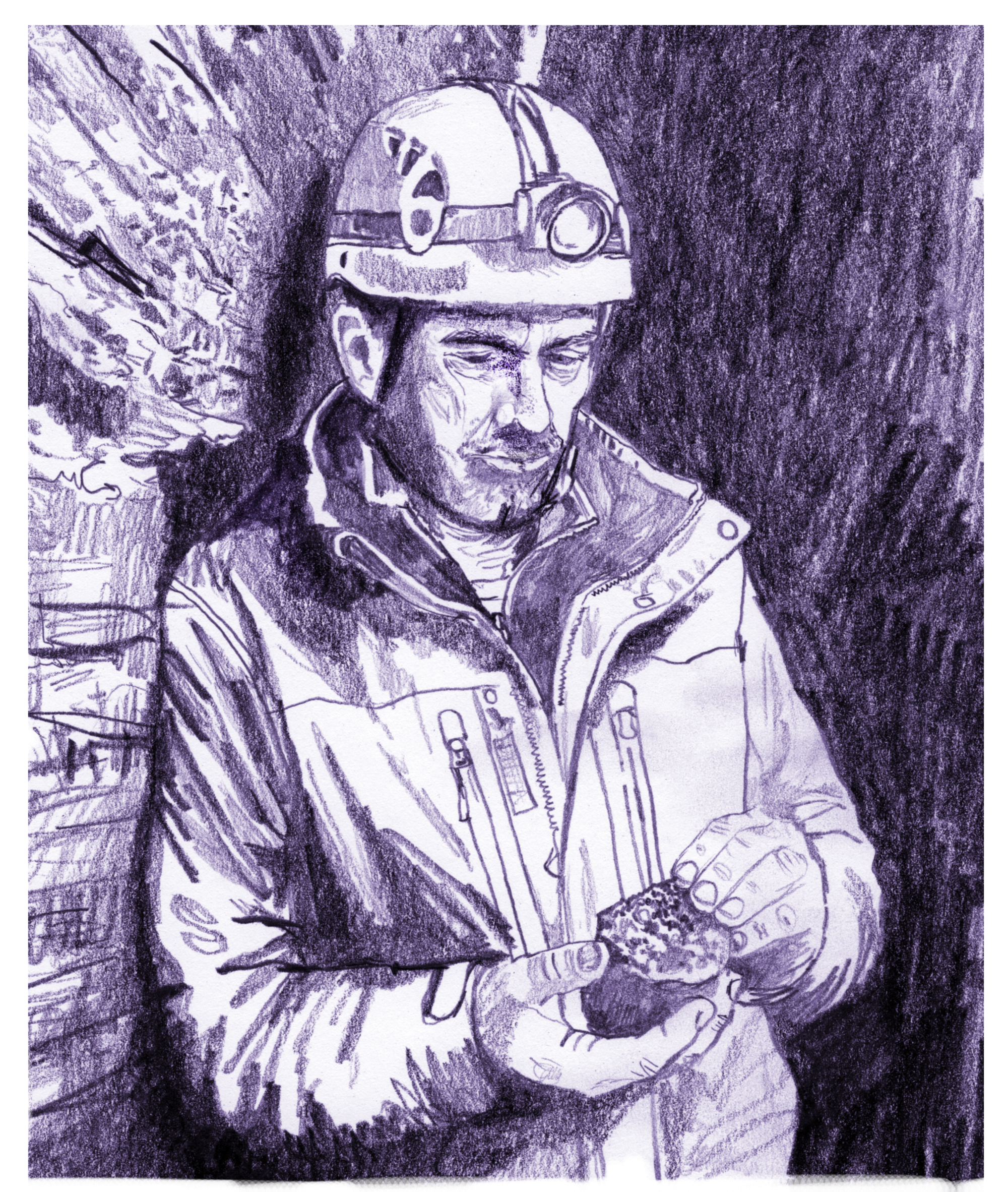 Mann med hjem som studerer en stein