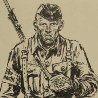 Tegning av soldat i tysk uniform, med strikkevotter og gevær på ryggen.