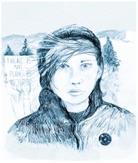Illustrasjon av en ung kvinne som står ute foran folk som demonstrerer mot vindkraftutbygging, en ungdom som er for utbygging.