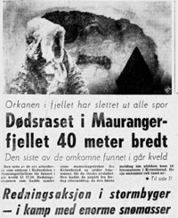 Forsiden på Bergens Arbeiderblad. Overskrift: Dødsraset i Maurangerfjellet 40 meter bredt. 