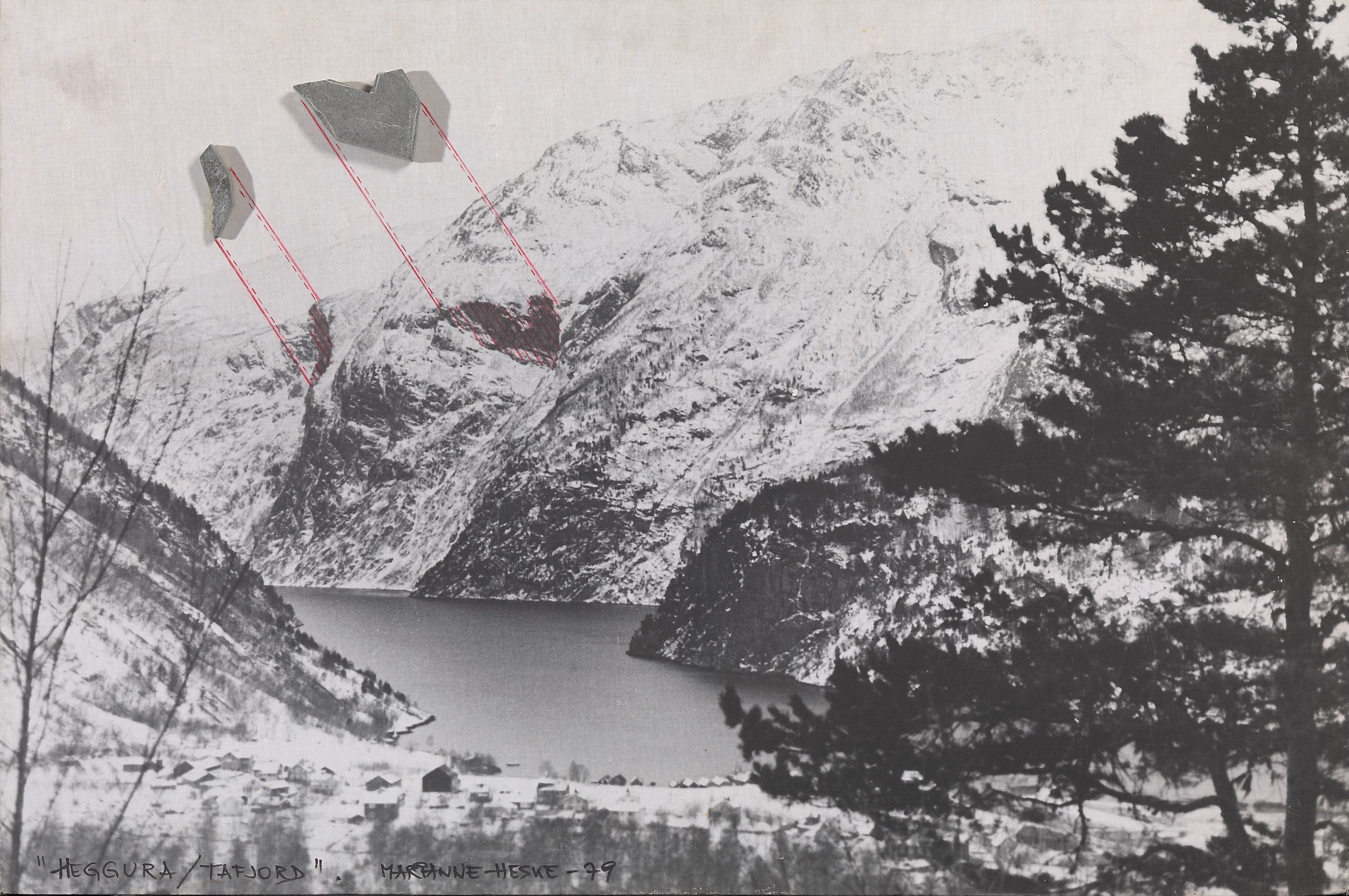 Sort/hvitt bilde av en fjellside foran en fjord. I forgrunnen er det et tre.