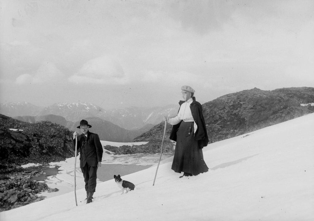 Mann og kvinne på breen med hund
