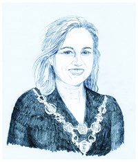 Illustrasjon av en kvinne med ordførerkjede, representant for politikerne i kommunen.