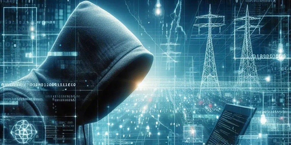 Grafisk illustrasjon av et menneske med hette foran en datamaskin med illustrasjoner av kraftmaster og ledninger rundt