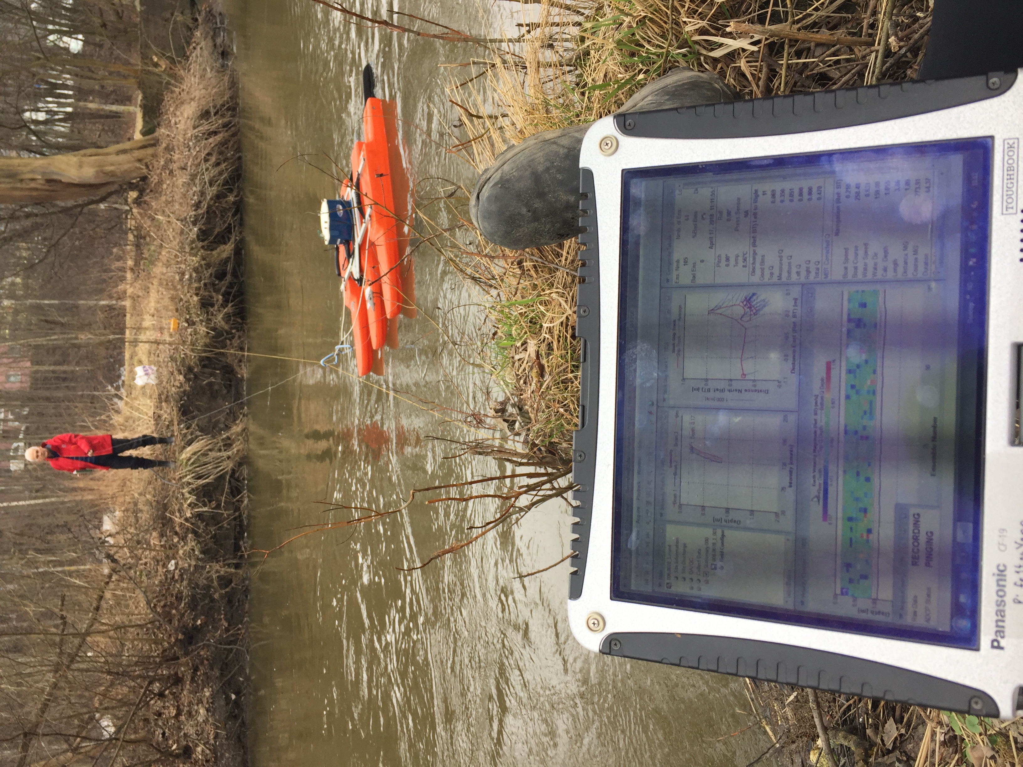 Landskap med elv, mann i rød jakke som holder i et måleinstrument, dataskjerm i forkant. 