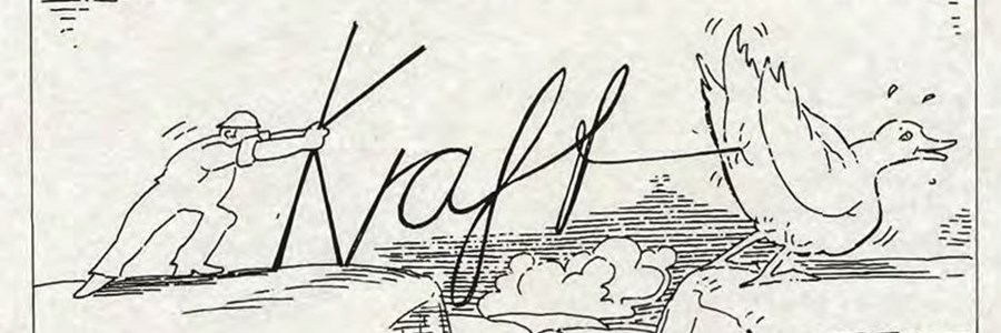 Tegning av mann som drar ordet "Kraft" ut av rumpa til en fugl på hver sin side av illustrasjon av Alta canyon.