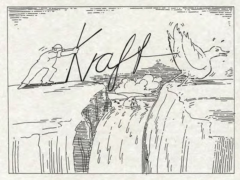 Tegning av mann som drar ordet "Kraft" ut av rumpa til en fugl på hver sin side av illustrasjon av Alta canyon.