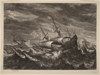 Tegning av flere seilbåter i storm.