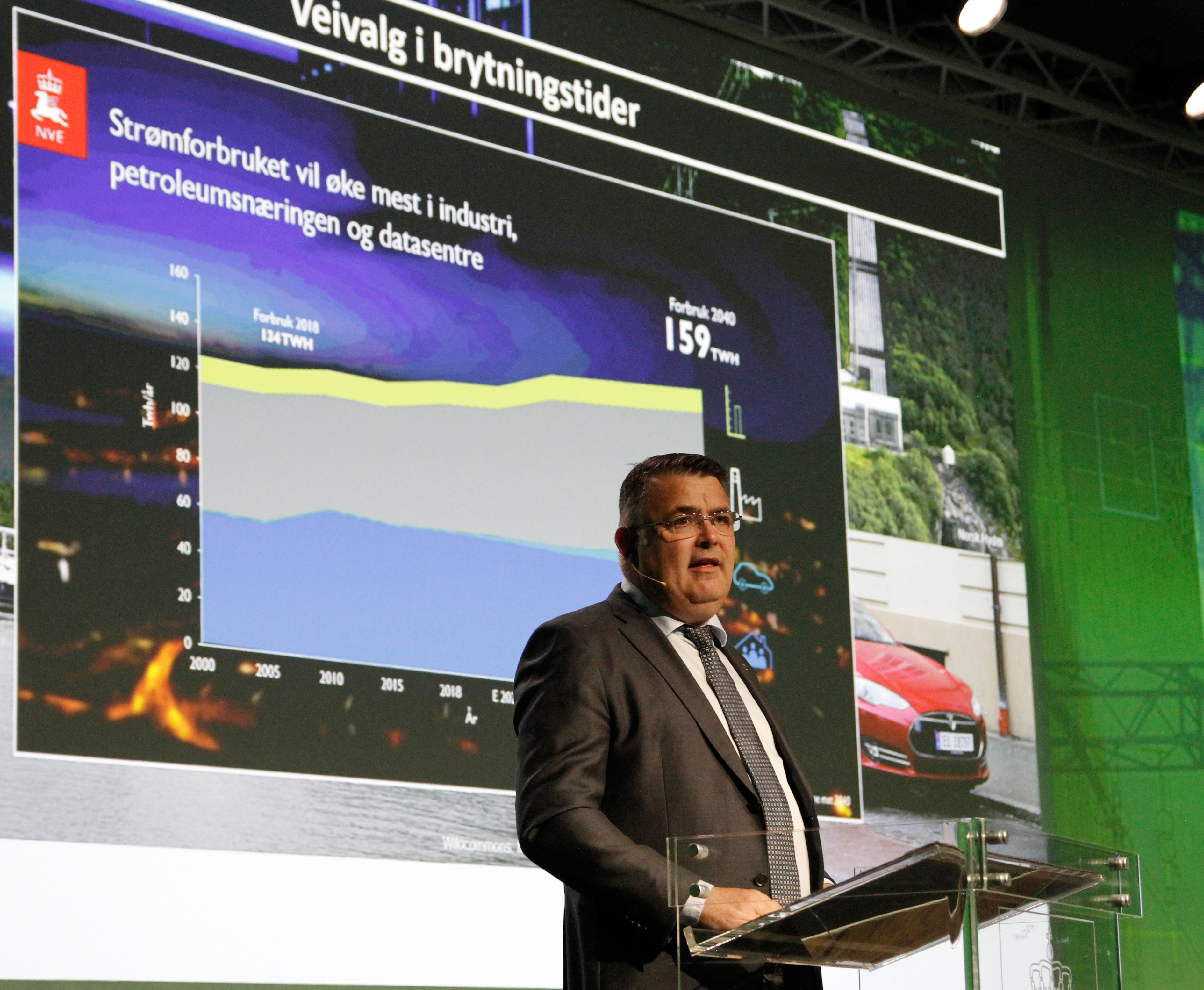 Mann på talerstol med bilde i bakgrunnen