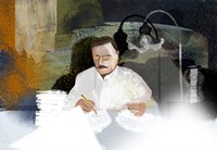 Illustrasjon av mann ved et skrivebord.