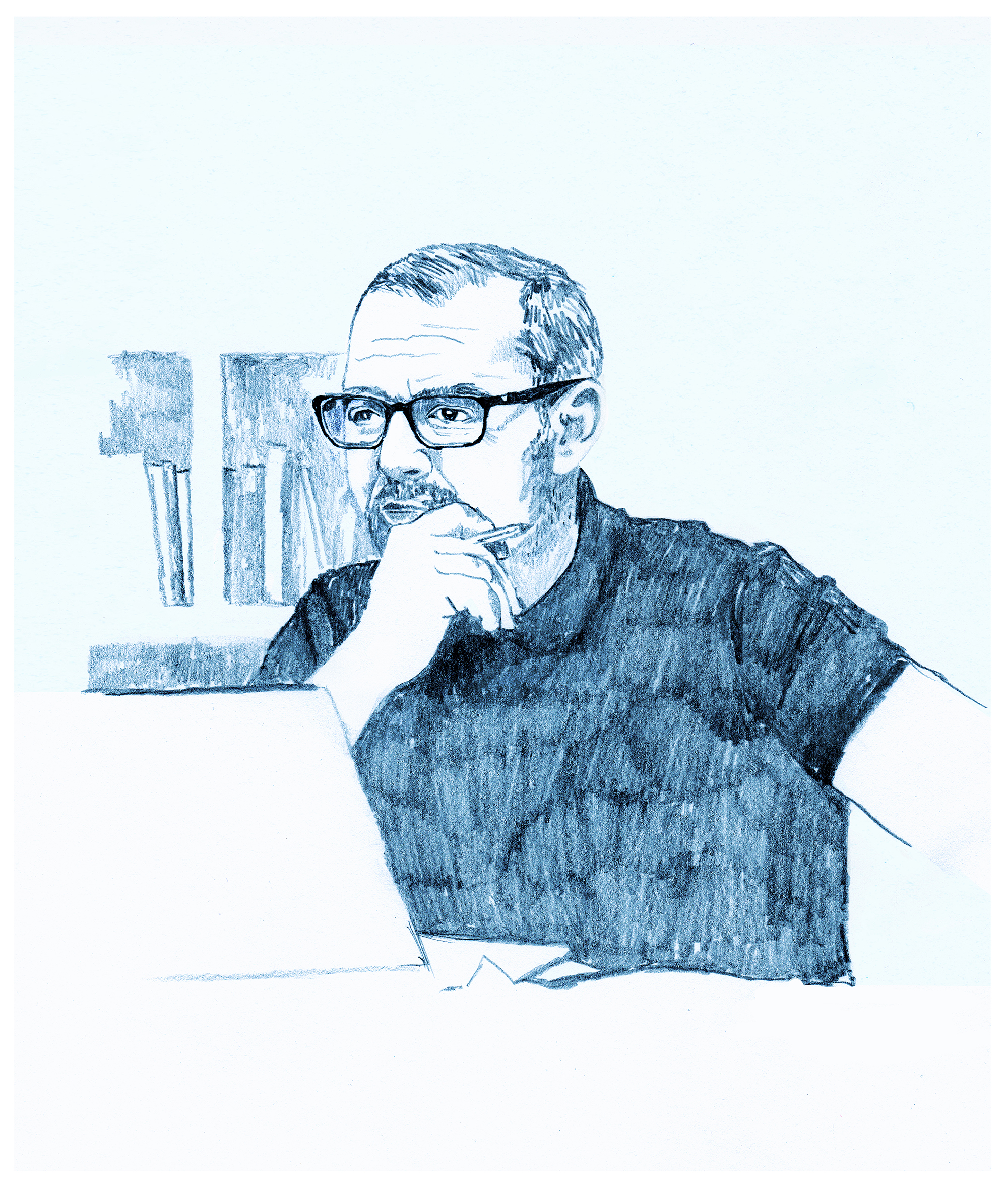 Illustrasjon av mann med PC på arbeidspulten, vindkraftforskeren.