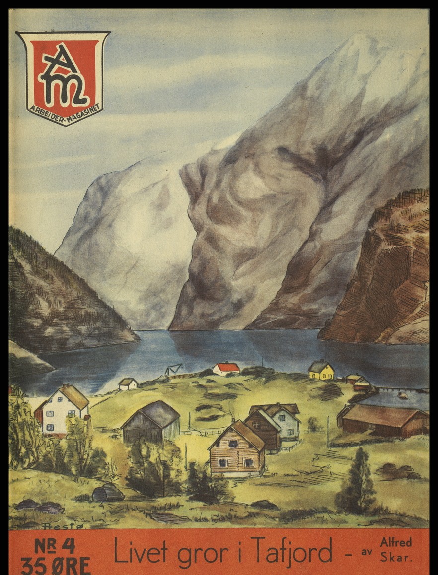 Tegnet magasinforside av en fjord med høye fjell til høyre og et grønt terreng med hus i forgrunnen.