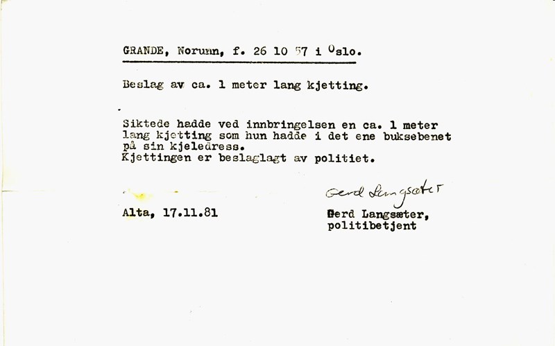 Politiets kvittering på beslag, Norunn Grande. Fra Stilla-aksjonen 17.11.1981