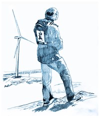Illustrasjon som viser en mann med NVE-jakke foran en vindturbin, saksbehandleren.