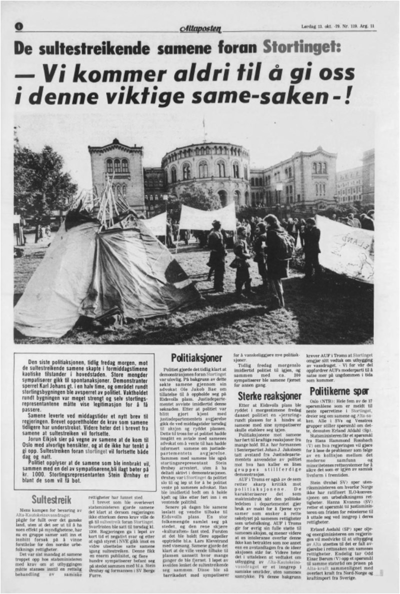 Faksimile Altaposten lørdag 13. oktober 1979 "De sultestreikende samene foran Stortinget – Vi kommer aldri til å gi oss i denne viktige same-saken-!" 