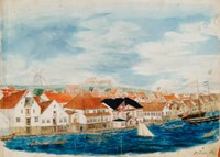 Gammel akvarell av vindmølle på en ås bak hvit trehusbebyggelsen ved kysten i Stavanger
