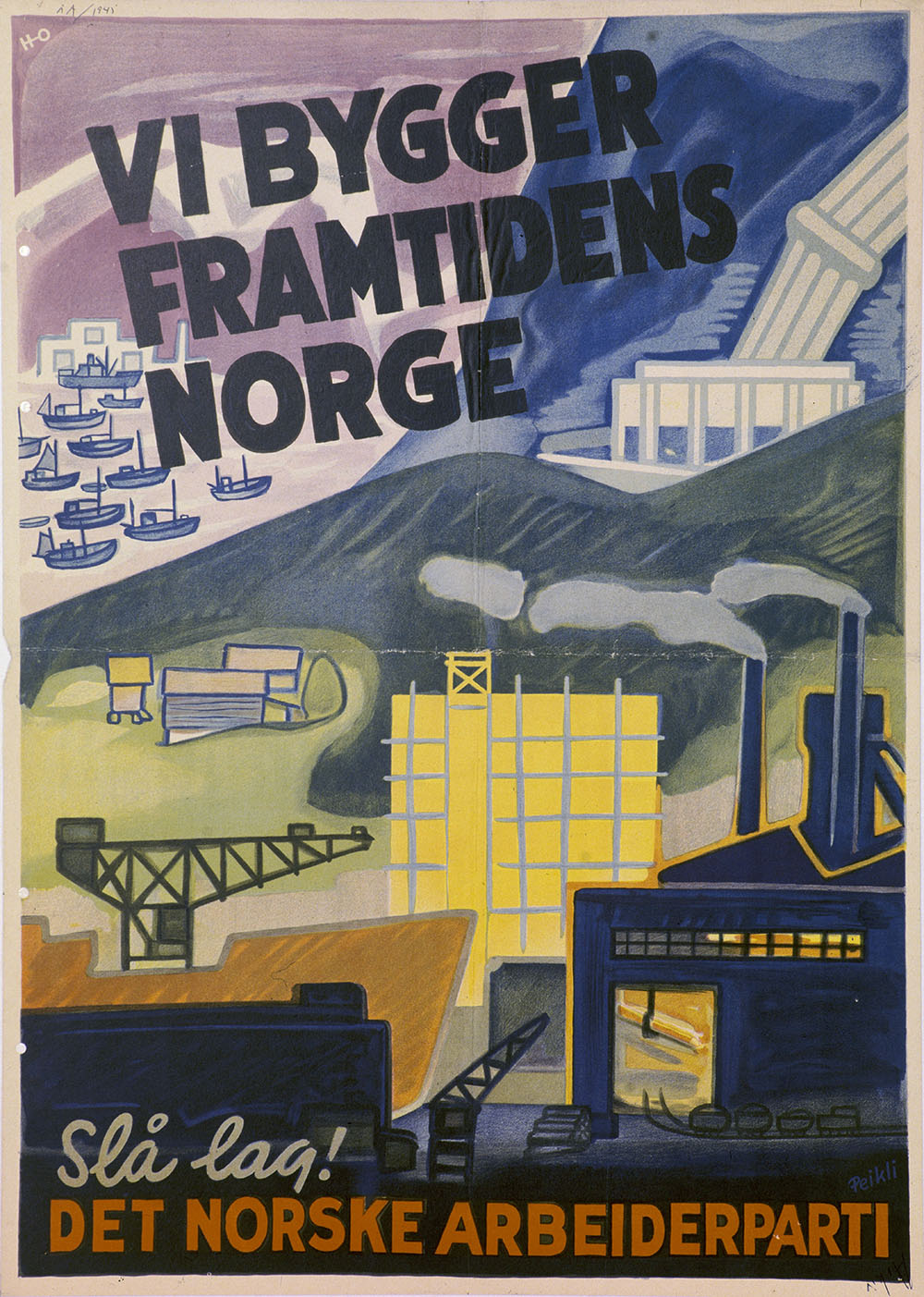 Valgplakat for Arbeiderpartiet fra 1945 med motiv av en by med industribygg og teksten 