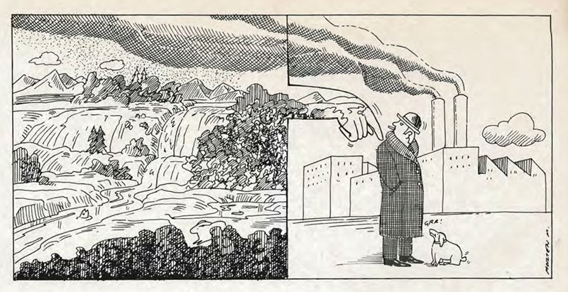 Høyre side illustrerer natur som går over i en hånd som prikker på skulderen til en middelklasse fra byen som står å røyker foran en fabrikk