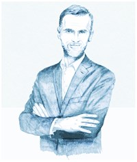 Illustrasjon av mann i hvit skjorte og dressjakke, en eier av vindkraftanlegg.