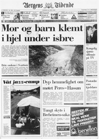 Forsiden på Bergens Tidende der hovedsaken er dødsulykken med mor og datter på Jostedalsbreen.