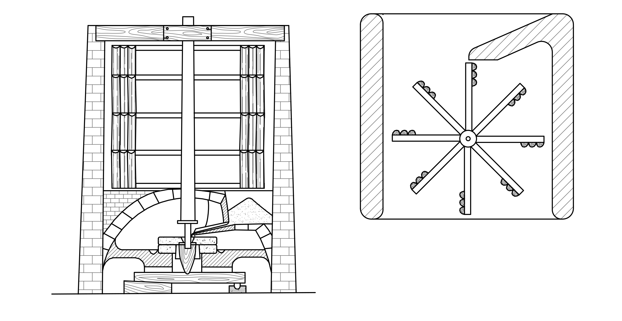 Tegning av eldre vindmøllekontruksjon.