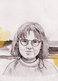 Illustrert portrett av jente med briller.