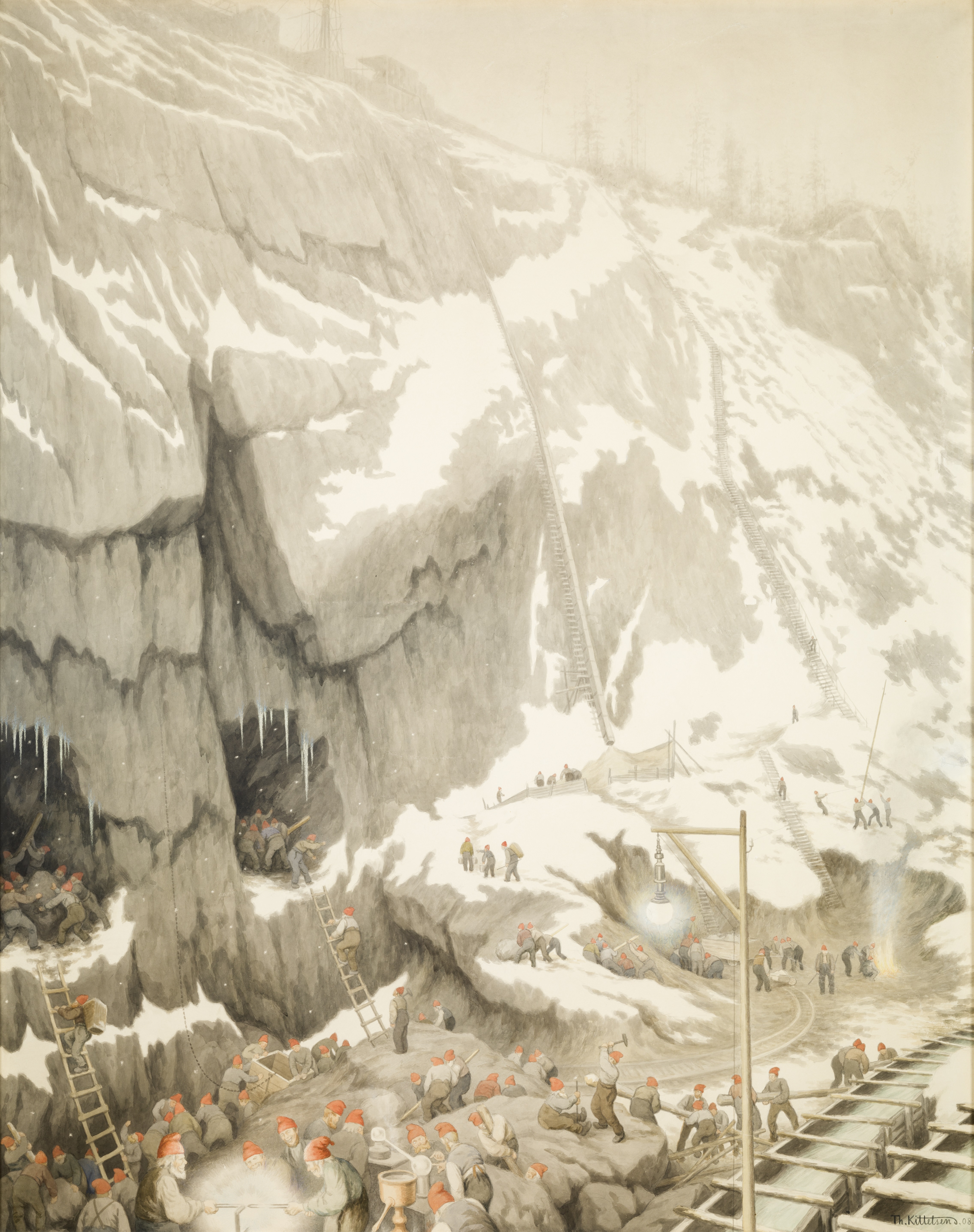 Arbeidere med røde nisseluer lager tunneler i snøkledd bergvegg