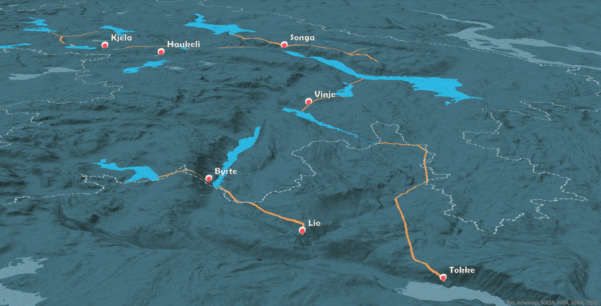 Kart som viser kraftverkene i Tokkeutbyggingen. 