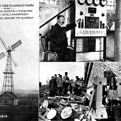 Bildekollasje som består av tre gamle foto. Bildet til venstre viser en enkel vindmølle montert på taket til et lite hus. Bildet øverst til høyre viser en mann ved en teknisk installasjon. Bildet nede til høyre viser folk som arbeider med en vedkløyvemaskin.