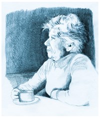 Illustrasjon av eldre kvinne med kaffekopp, naboen til kraftutbyggingen.