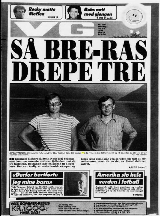 En avisforside med bilde av to vitner.