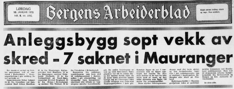 Forsiden på Bergens Arbeiderblad som omtaler raset i Mauranger. Overskrift: Anleggsbygg sopt vekk av skred - 7 saknet.i Mauranger. 