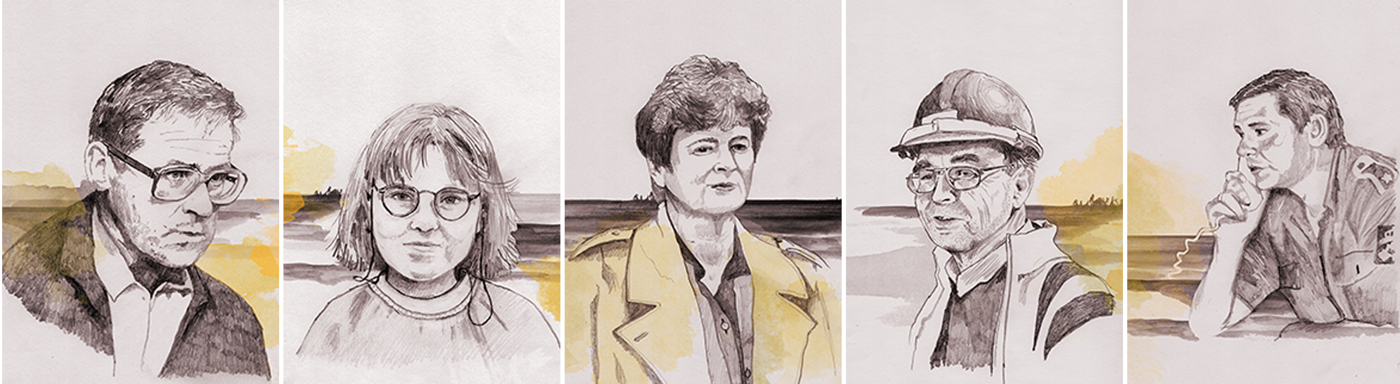 tegninger av hovedpersonene i Flommens ansikt