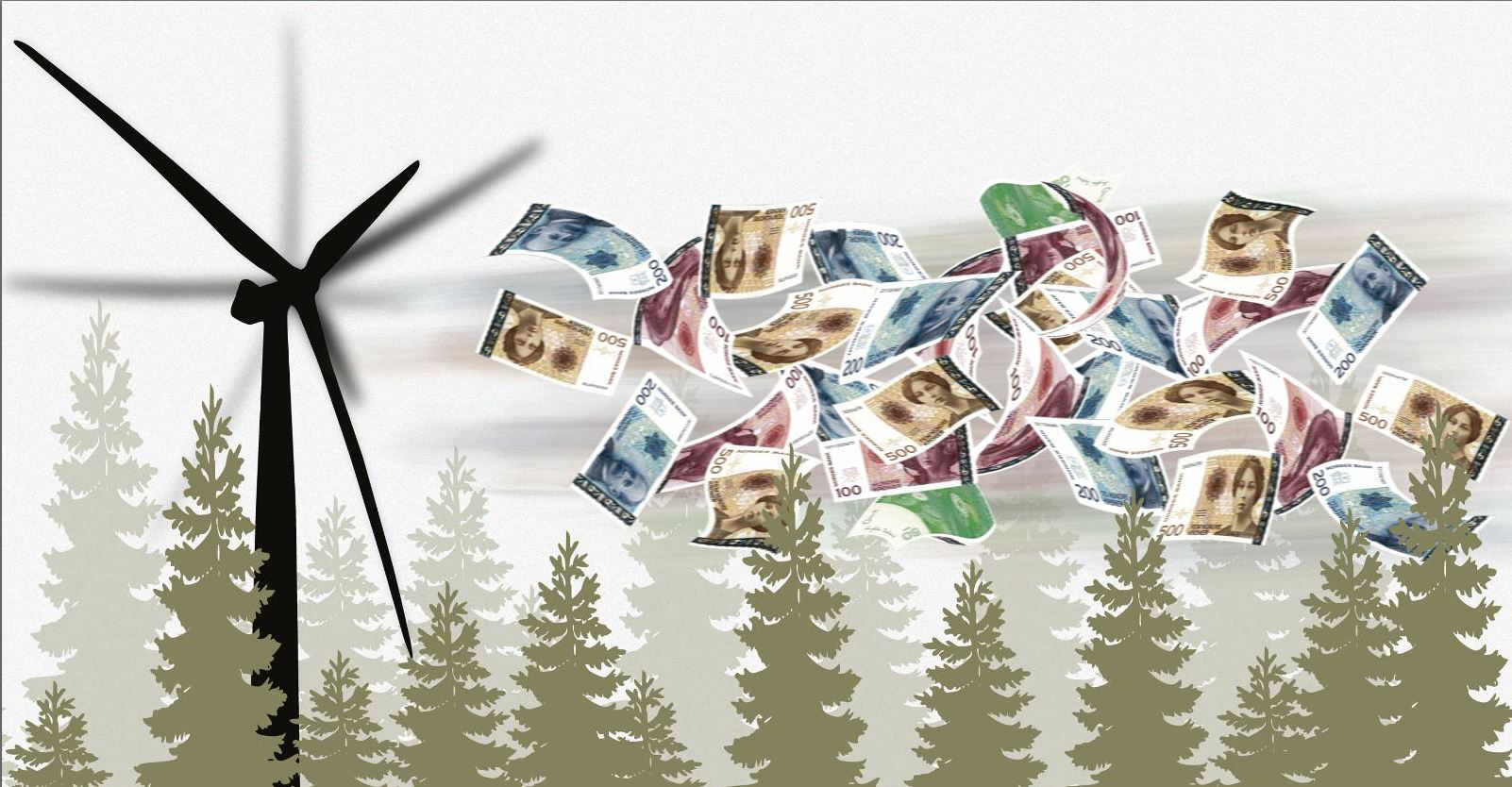 Illustrasjon av vindmøller i granskog som blåser pengesedler bortover.