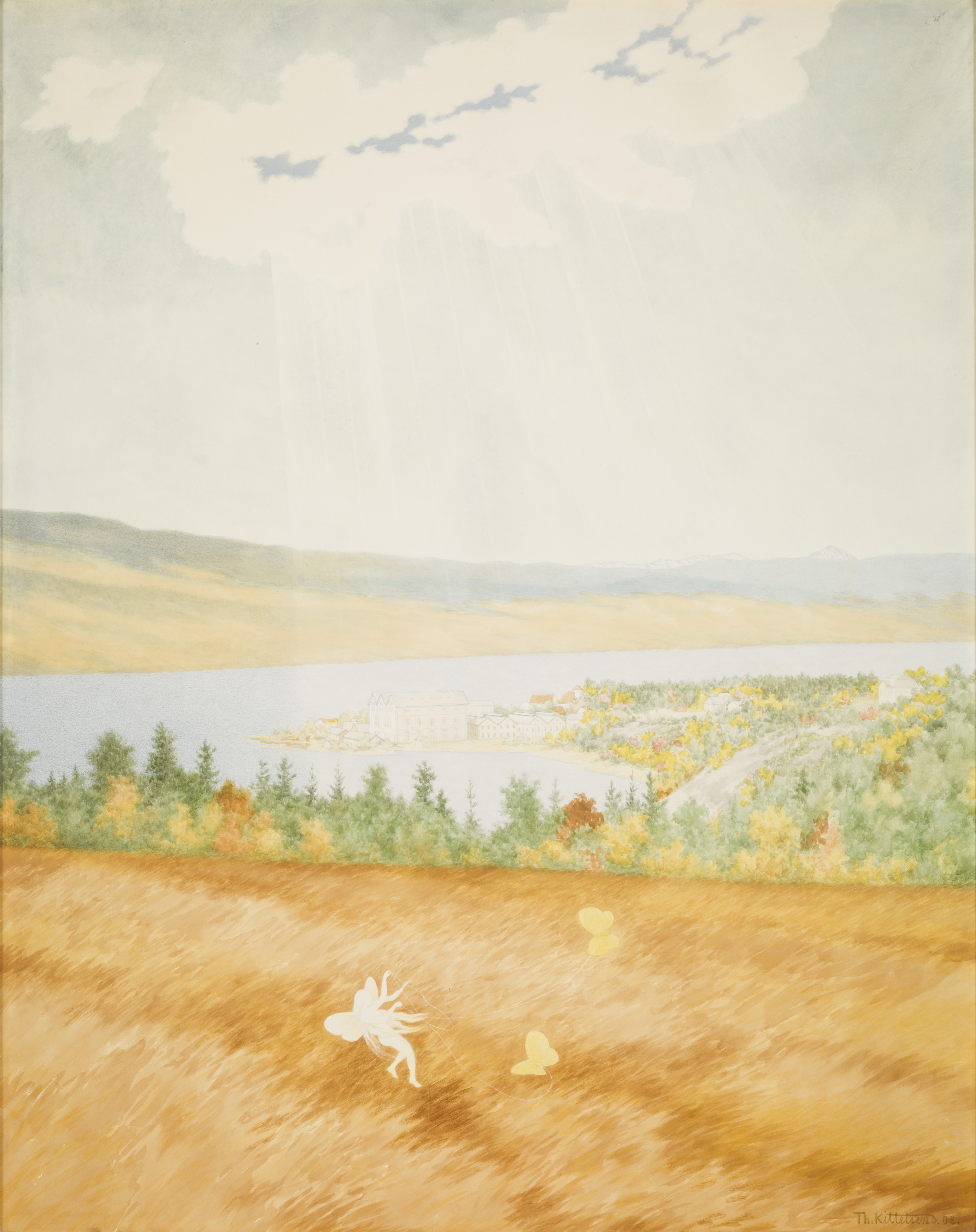 Akvarell av åkerlandskap med alv