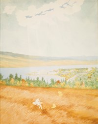 Akvarell av åkerlandskap med alv