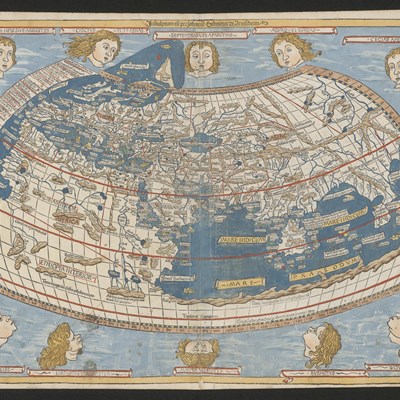Gammelt verdenskart som viser vindretningene som blåsende hoder.