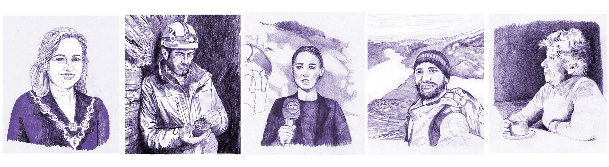 Tegninger av fem personer